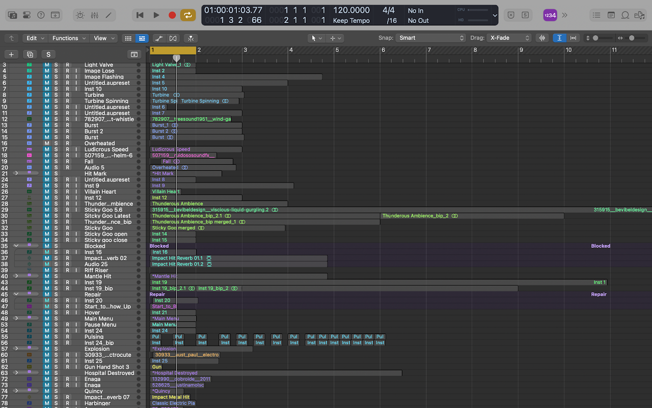 Logic Pro session showing sound design workflow with audio tracks and plugins